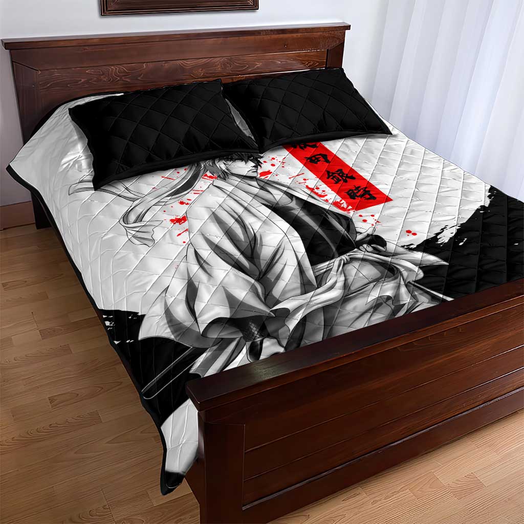 Gintoki Sakata Gintama Samurai Design Quilt Bed Set with Katana, Red Kanji Calligraphy and Oni Mask Graphic - The Mazicc