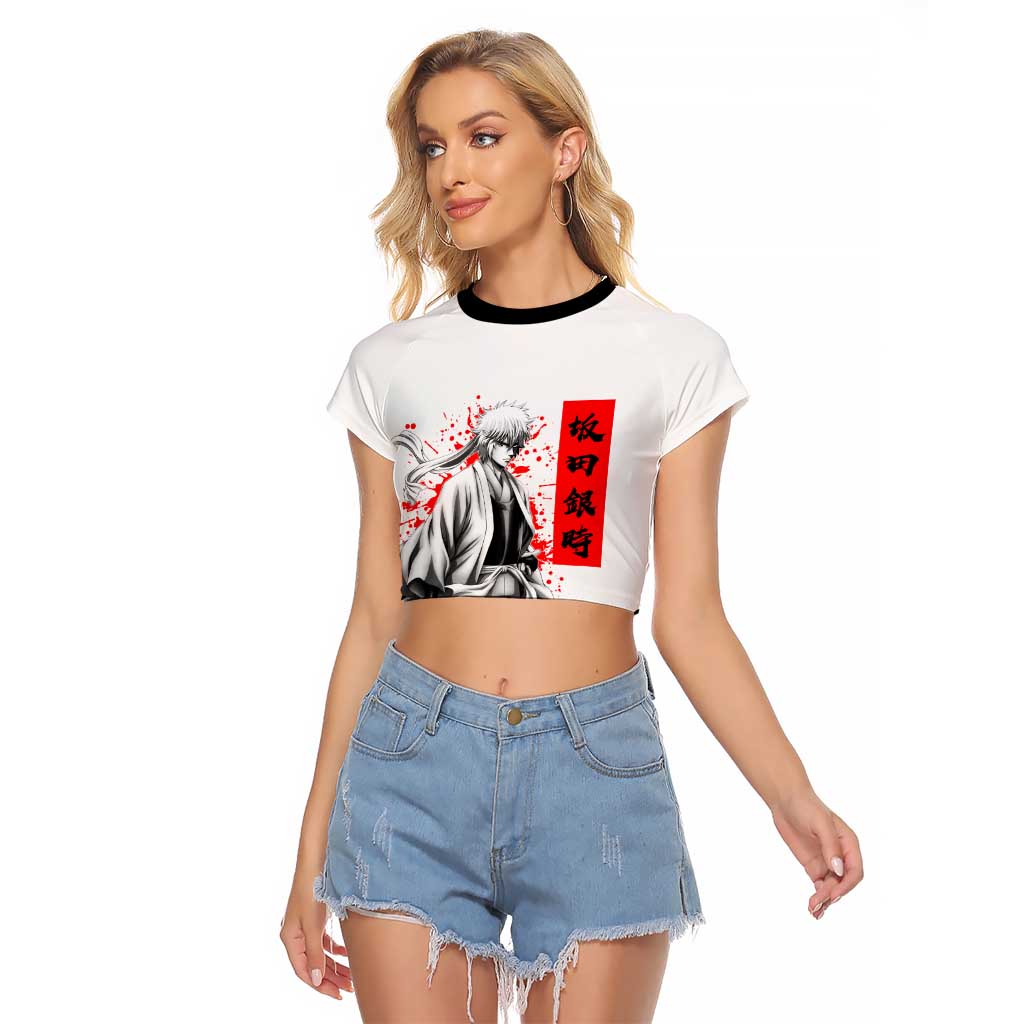 Gintoki Sakata Gintama Samurai Design Raglan Cropped T Shirt with Katana, Red Kanji Calligraphy and Oni Mask Graphic - The Mazicc