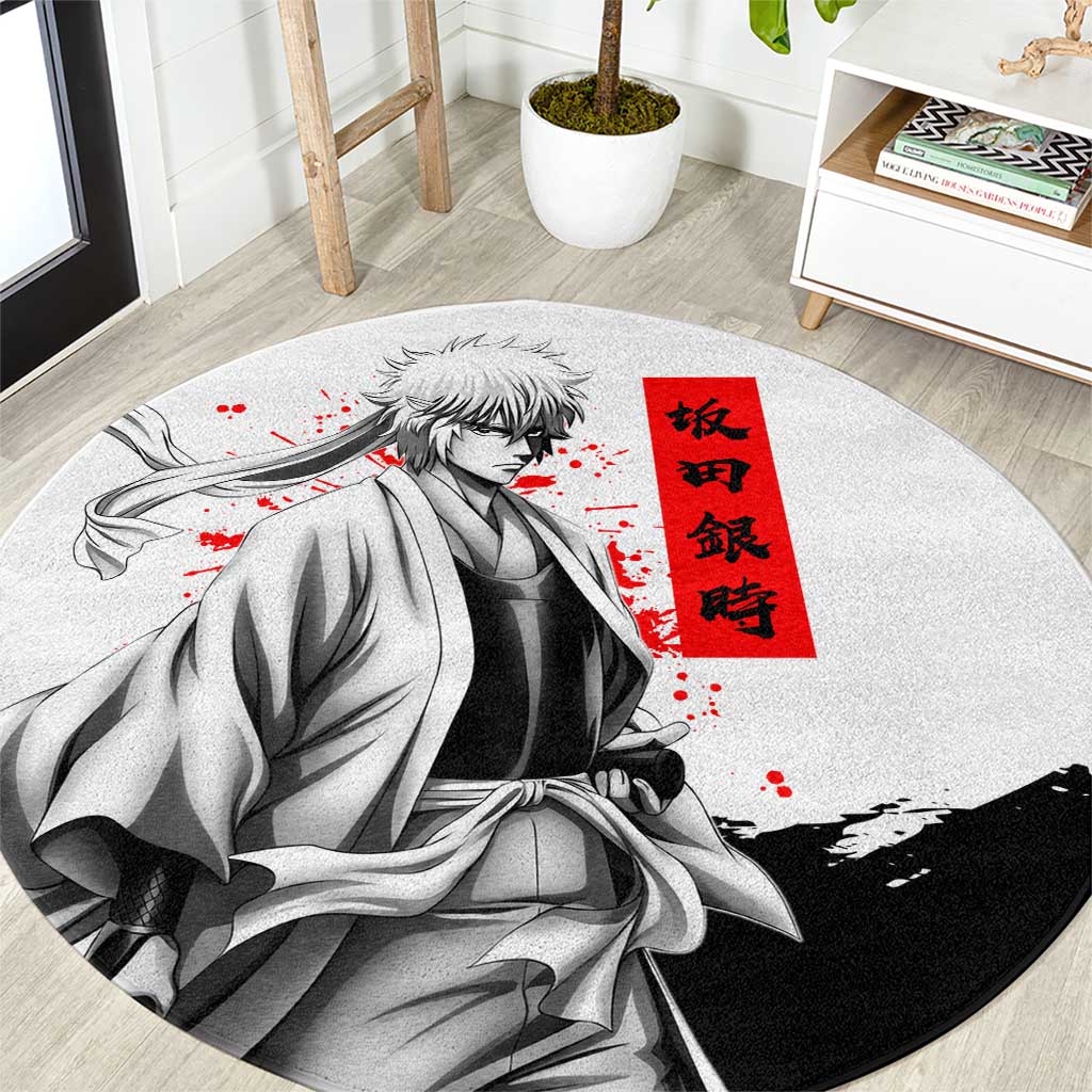 Gintoki Sakata Gintama Samurai Design Round Carpet with Katana, Red Kanji Calligraphy and Oni Mask Graphic - The Mazicc