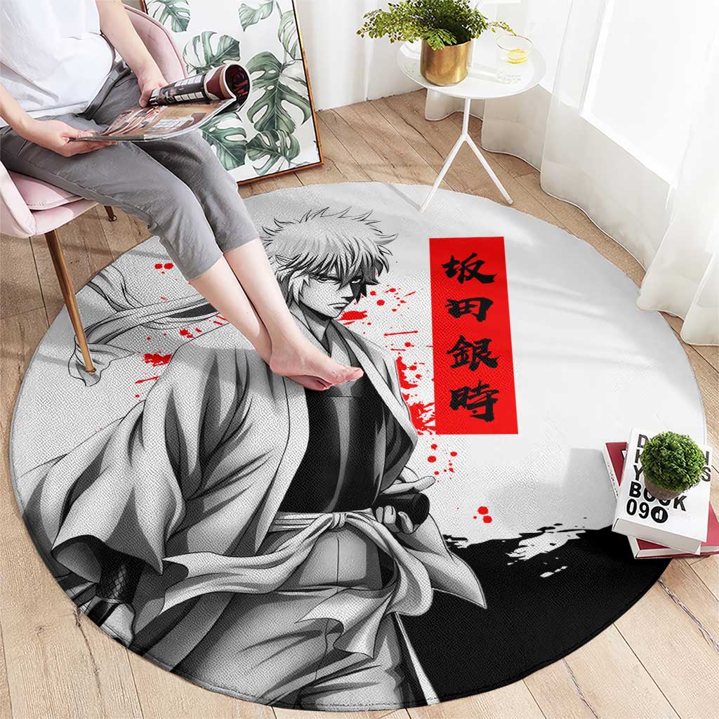 Gintoki Sakata Gintama Samurai Design Round Carpet with Katana, Red Kanji Calligraphy and Oni Mask Graphic - The Mazicc