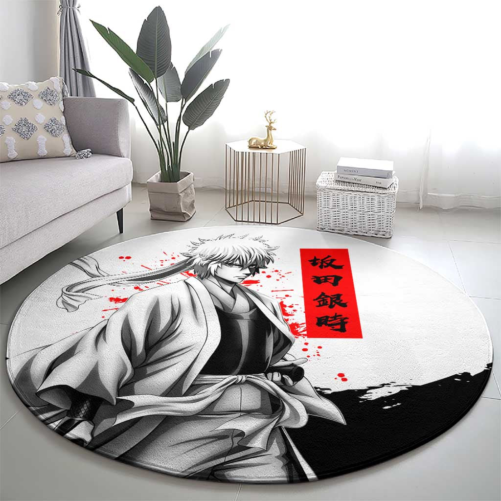 Gintoki Sakata Gintama Samurai Design Round Carpet with Katana, Red Kanji Calligraphy and Oni Mask Graphic - The Mazicc