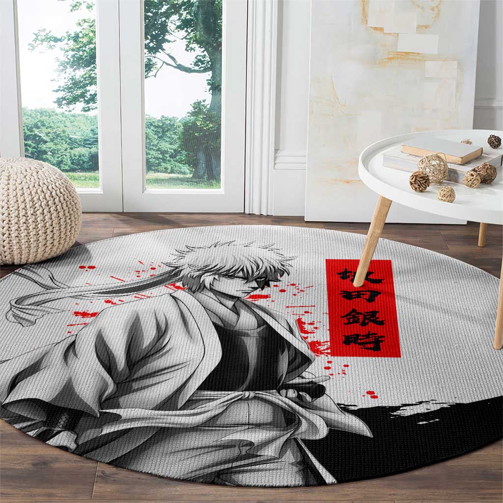 Gintoki Sakata Gintama Samurai Design Round Carpet with Katana, Red Kanji Calligraphy and Oni Mask Graphic - The Mazicc