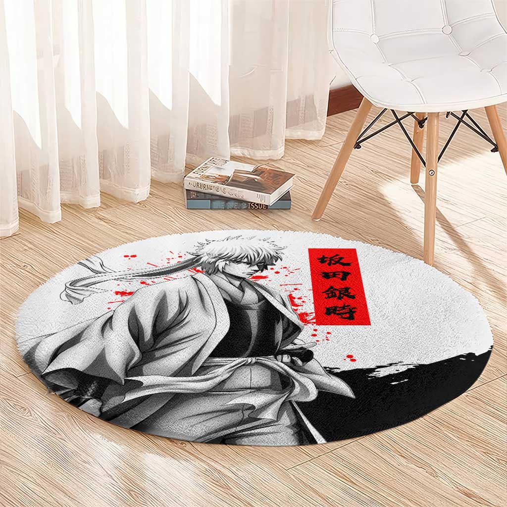 Gintoki Sakata Gintama Samurai Design Round Carpet with Katana, Red Kanji Calligraphy and Oni Mask Graphic - The Mazicc