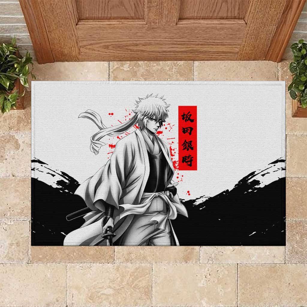 Gintoki Sakata Gintama Samurai Design Rubber Doormat with Katana, Red Kanji Calligraphy and Oni Mask Graphic - The Mazicc