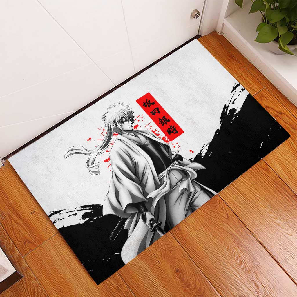 Gintoki Sakata Gintama Samurai Design Rubber Doormat with Katana, Red Kanji Calligraphy and Oni Mask Graphic - The Mazicc