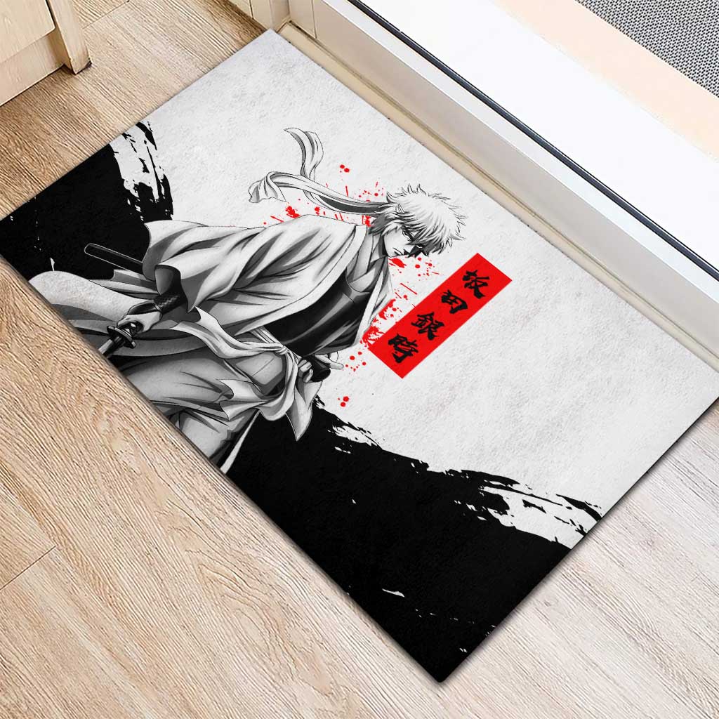Gintoki Sakata Gintama Samurai Design Rubber Doormat with Katana, Red Kanji Calligraphy and Oni Mask Graphic - The Mazicc