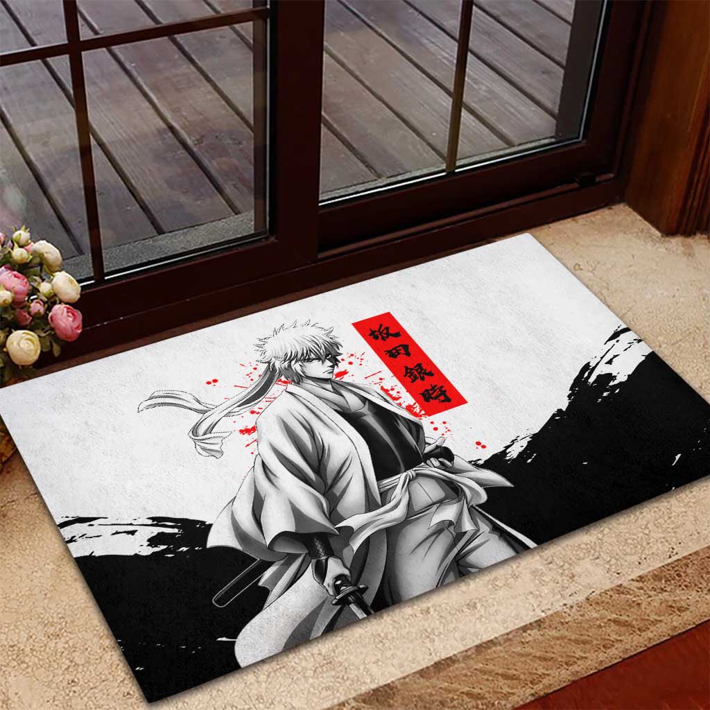 Gintoki Sakata Gintama Samurai Design Rubber Doormat with Katana, Red Kanji Calligraphy and Oni Mask Graphic - The Mazicc