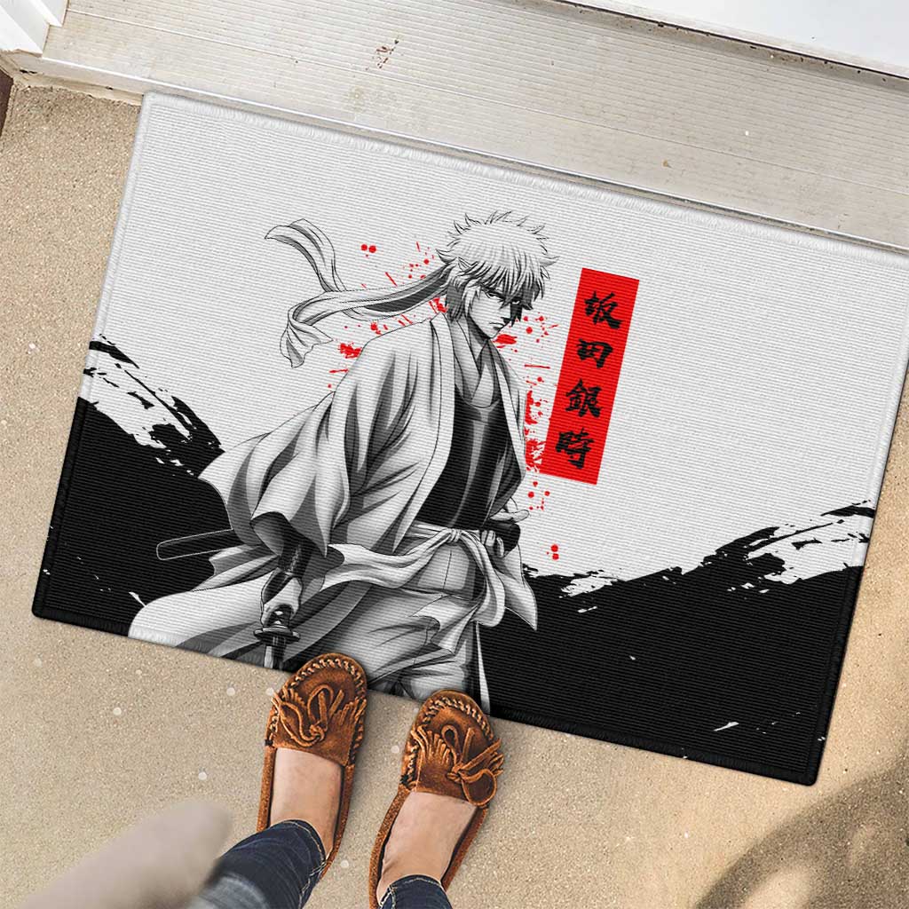 Gintoki Sakata Gintama Samurai Design Rubber Doormat with Katana, Red Kanji Calligraphy and Oni Mask Graphic - The Mazicc