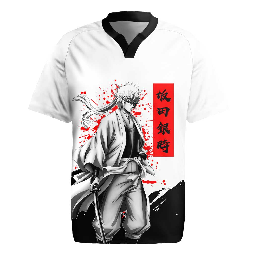 Gintoki Sakata Gintama Samurai Design Rugby Jersey with Katana, Red Kanji Calligraphy and Oni Mask Graphic - The Mazicc