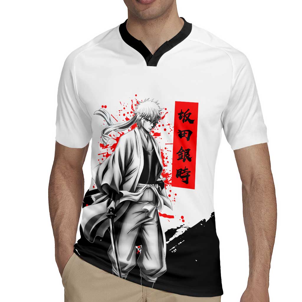 Gintoki Sakata Gintama Samurai Design Rugby Jersey with Katana, Red Kanji Calligraphy and Oni Mask Graphic - The Mazicc