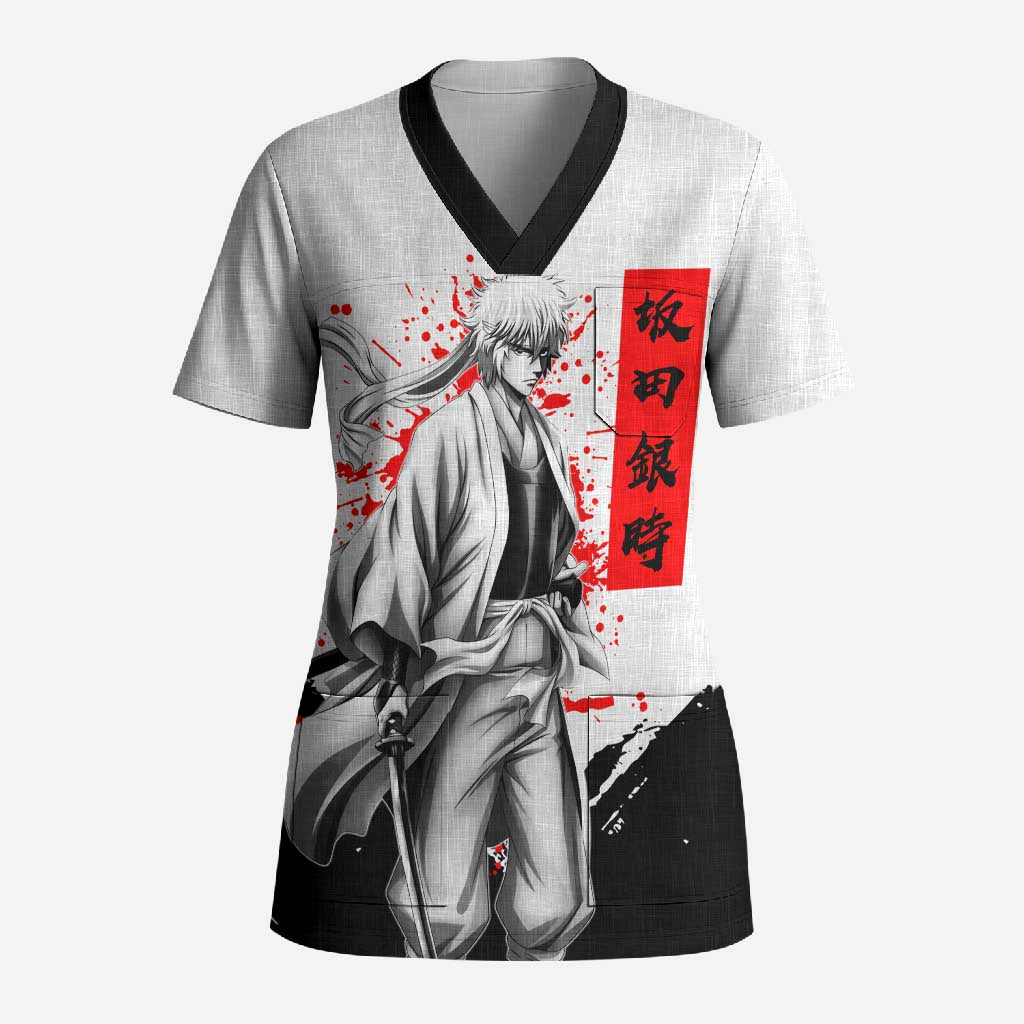Gintoki Sakata Gintama Samurai Design Scrub Top with Katana, Red Kanji Calligraphy and Oni Mask Graphic - The Mazicc