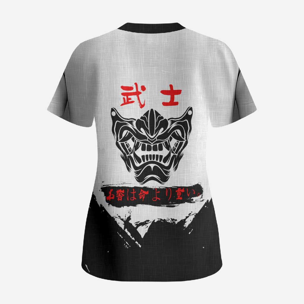 Gintoki Sakata Gintama Samurai Design Scrub Top with Katana, Red Kanji Calligraphy and Oni Mask Graphic - The Mazicc