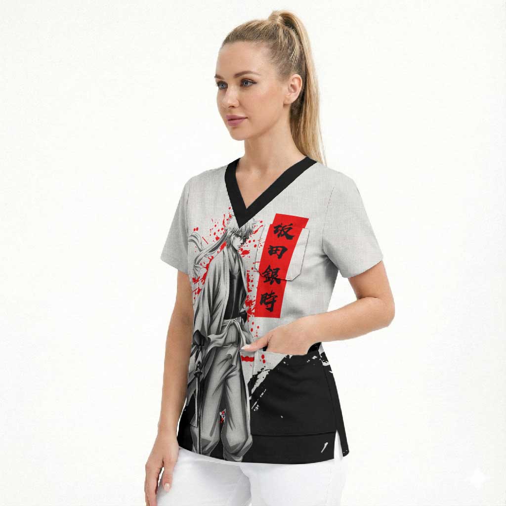 Gintoki Sakata Gintama Samurai Design Scrub Top with Katana, Red Kanji Calligraphy and Oni Mask Graphic - The Mazicc