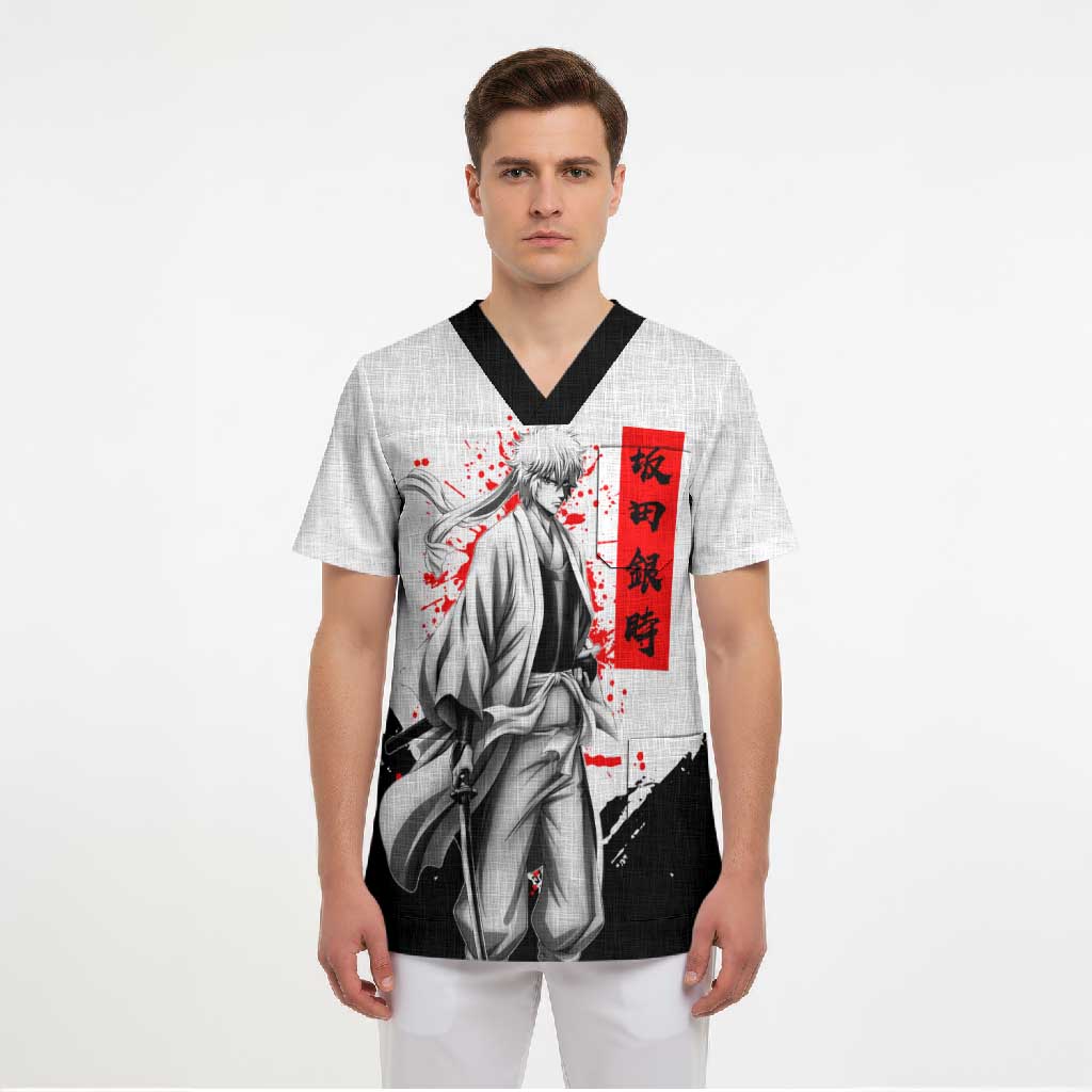 Gintoki Sakata Gintama Samurai Design Scrub Top with Katana, Red Kanji Calligraphy and Oni Mask Graphic - The Mazicc