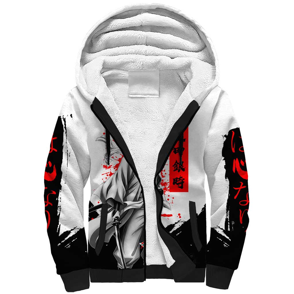 Gintoki Sakata Gintama Samurai Design Sherpa Hoodie with Katana, Red Kanji Calligraphy and Oni Mask Graphic - The Mazicc