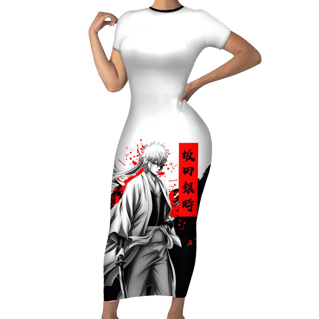 Gintoki Sakata Gintama Samurai Design Short Sleeve Bodycon Dress with Katana, Red Kanji Calligraphy and Oni Mask Graphic - The Mazicc