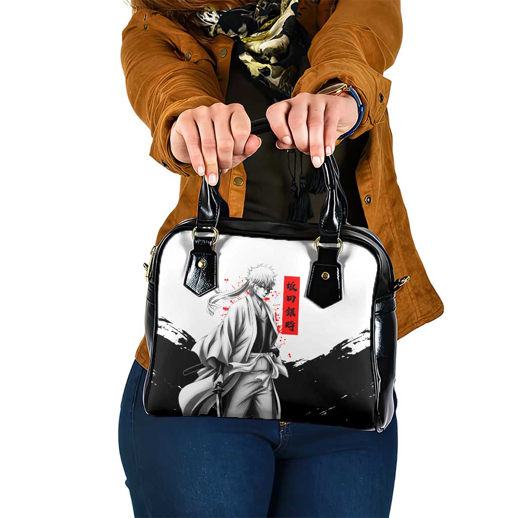 Gintoki Sakata Gintama Samurai Design Shoulder Handbag with Katana, Red Kanji Calligraphy and Oni Mask Graphic - The Mazicc