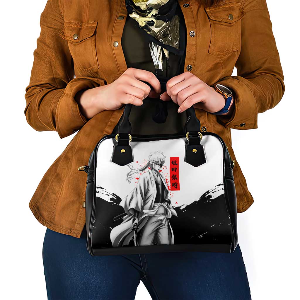 Gintoki Sakata Gintama Samurai Design Shoulder Handbag with Katana, Red Kanji Calligraphy and Oni Mask Graphic - The Mazicc