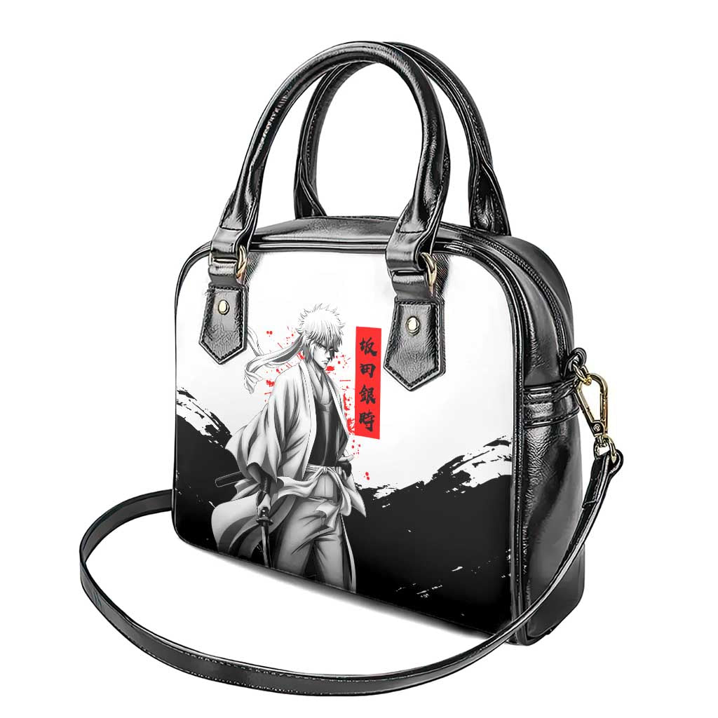 Gintoki Sakata Gintama Samurai Design Shoulder Handbag with Katana, Red Kanji Calligraphy and Oni Mask Graphic - The Mazicc