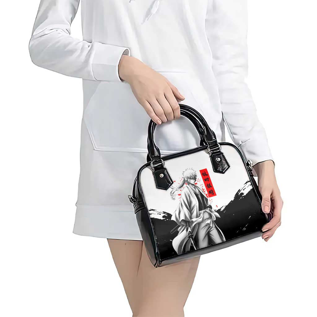 Gintoki Sakata Gintama Samurai Design Shoulder Handbag with Katana, Red Kanji Calligraphy and Oni Mask Graphic - The Mazicc