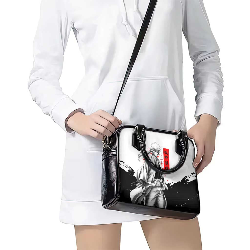 Gintoki Sakata Gintama Samurai Design Shoulder Handbag with Katana, Red Kanji Calligraphy and Oni Mask Graphic - The Mazicc