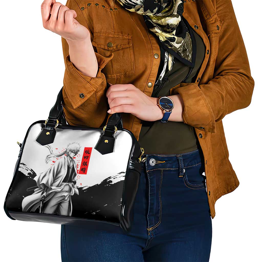 Gintoki Sakata Gintama Samurai Design Shoulder Handbag with Katana, Red Kanji Calligraphy and Oni Mask Graphic - The Mazicc