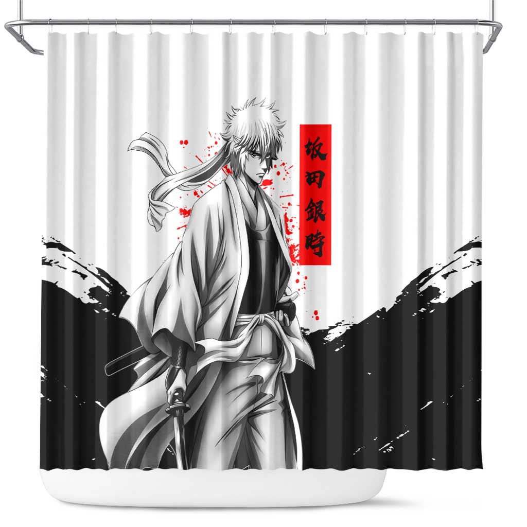 Gintoki Sakata Gintama Samurai Design Shower Curtain with Katana, Red Kanji Calligraphy and Oni Mask Graphic - The Mazicc