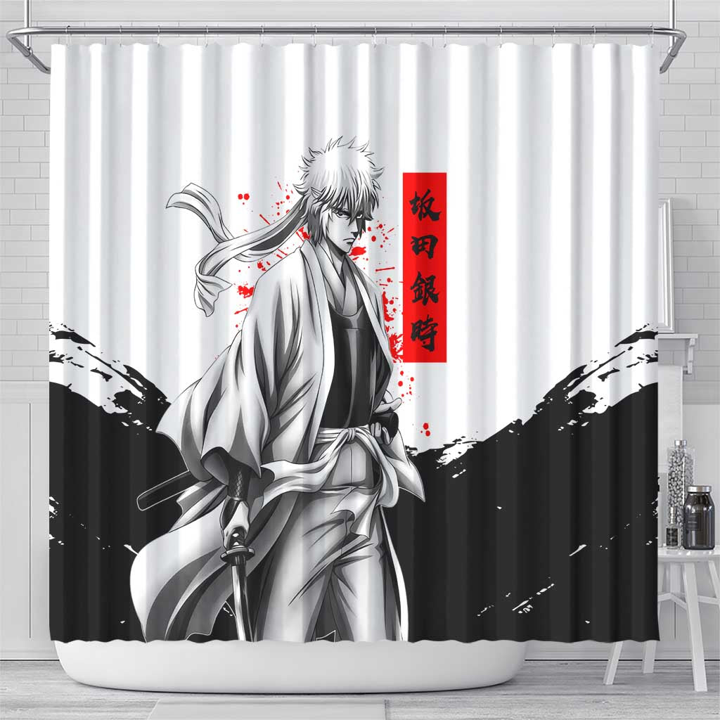 Gintoki Sakata Gintama Samurai Design Shower Curtain with Katana, Red Kanji Calligraphy and Oni Mask Graphic - The Mazicc