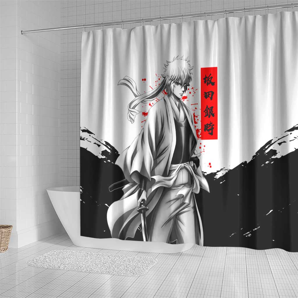 Gintoki Sakata Gintama Samurai Design Shower Curtain with Katana, Red Kanji Calligraphy and Oni Mask Graphic - The Mazicc