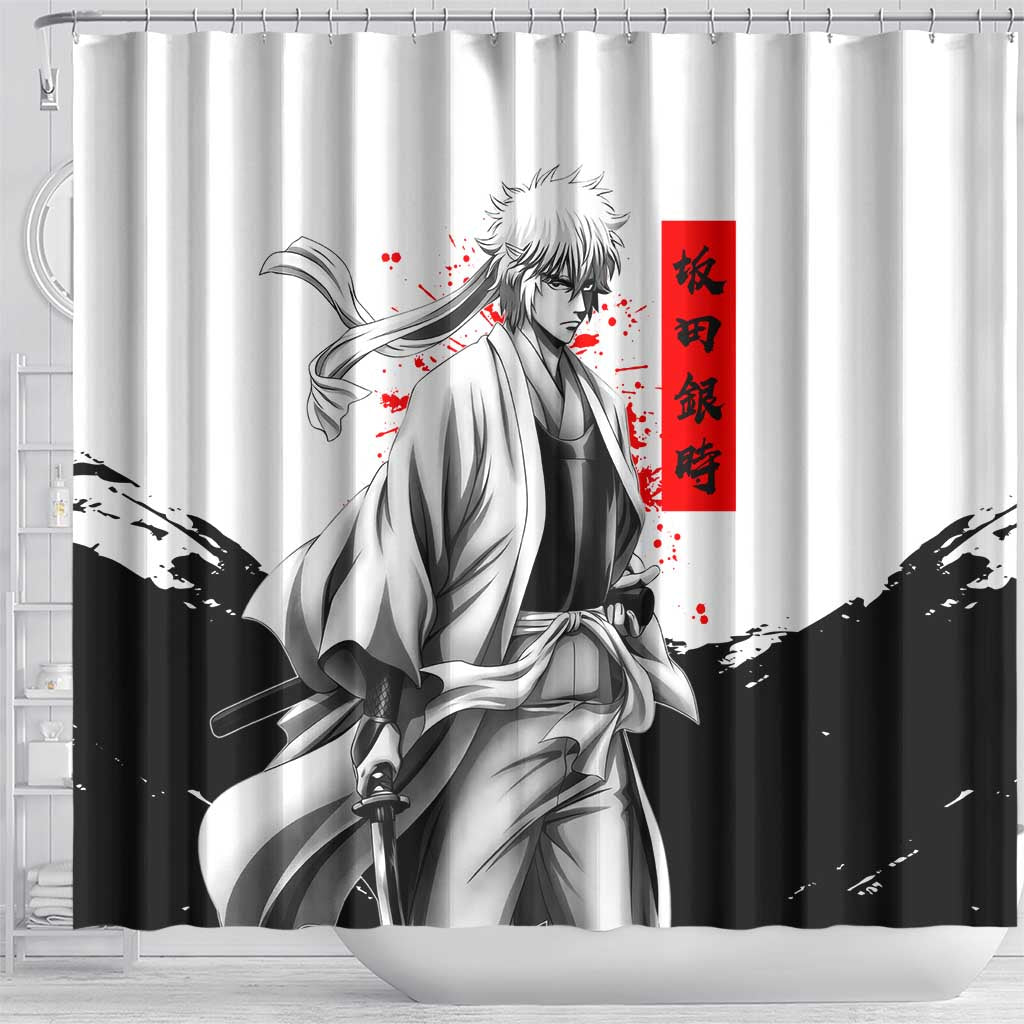 Gintoki Sakata Gintama Samurai Design Shower Curtain with Katana, Red Kanji Calligraphy and Oni Mask Graphic - The Mazicc