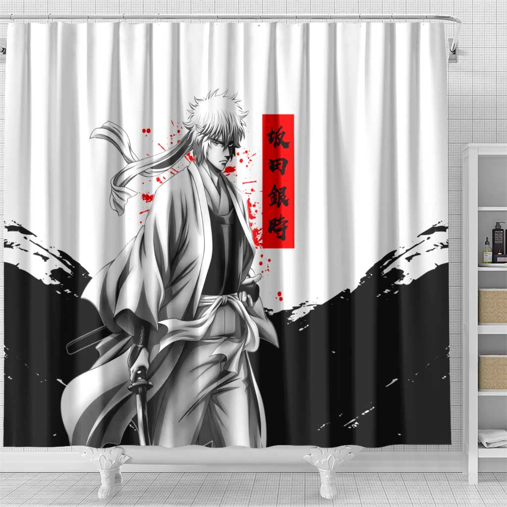 Gintoki Sakata Gintama Samurai Design Shower Curtain with Katana, Red Kanji Calligraphy and Oni Mask Graphic - The Mazicc