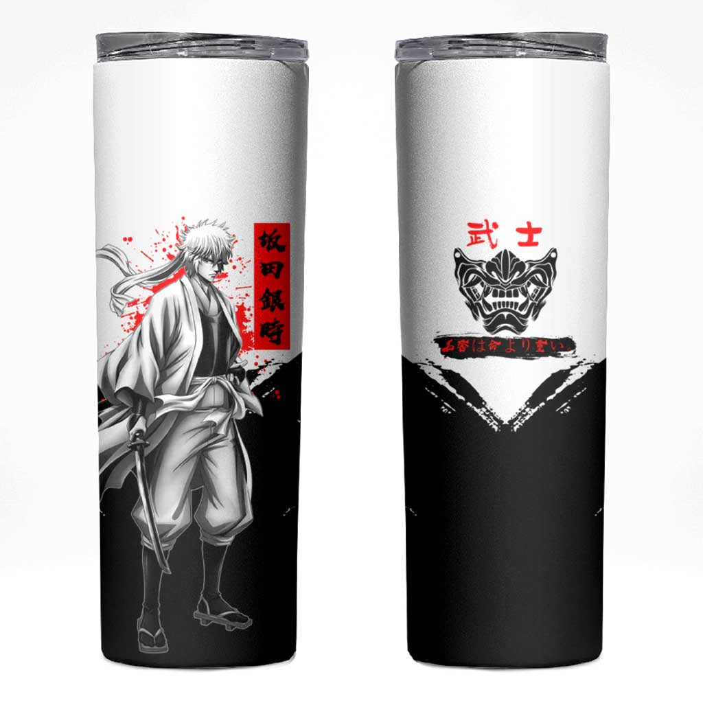 Gintoki Sakata Gintama Samurai Design Skinny Tumbler with Katana, Red Kanji Calligraphy and Oni Mask Graphic - The Mazicc