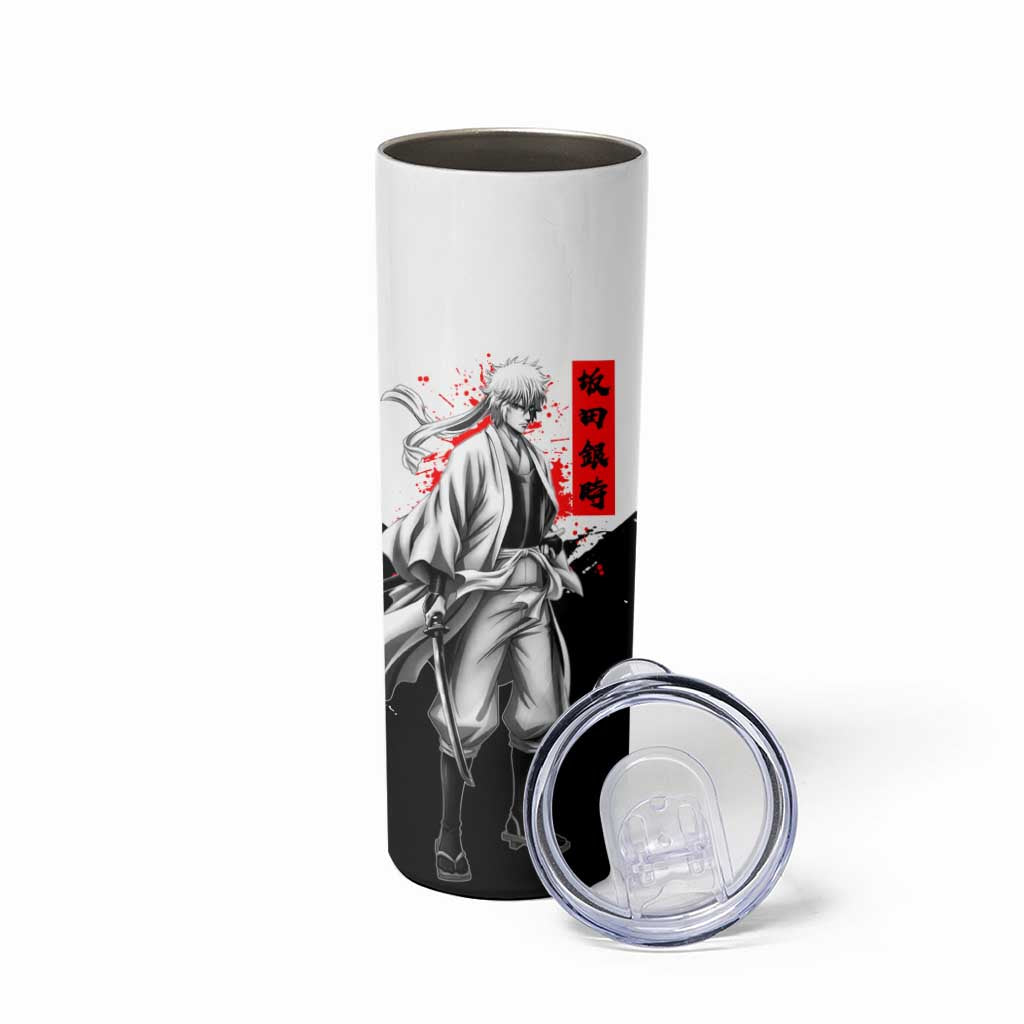 Gintoki Sakata Gintama Samurai Design Skinny Tumbler with Katana, Red Kanji Calligraphy and Oni Mask Graphic - The Mazicc