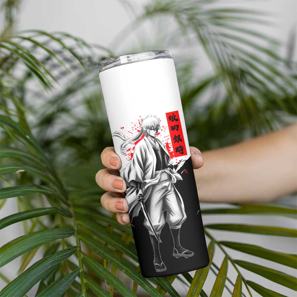 Gintoki Sakata Gintama Samurai Design Skinny Tumbler with Katana, Red Kanji Calligraphy and Oni Mask Graphic - The Mazicc