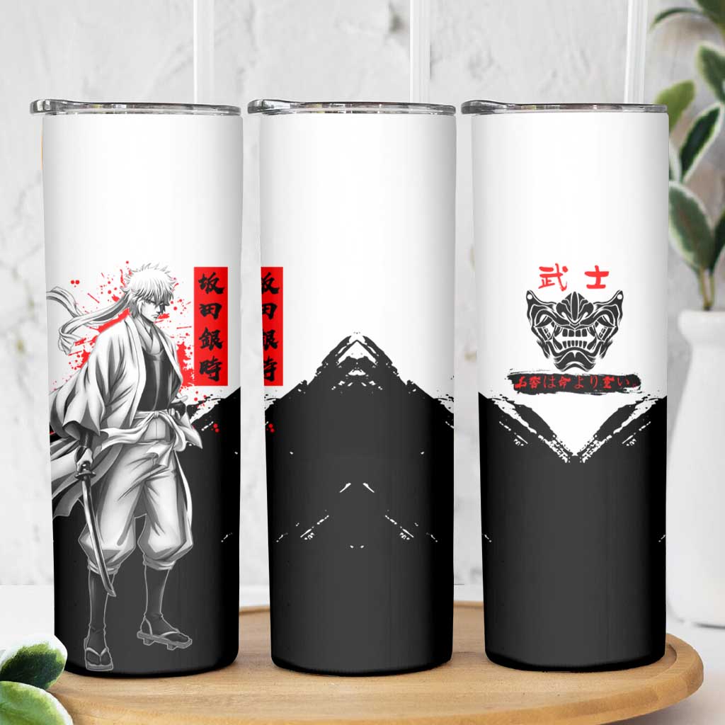 Gintoki Sakata Gintama Samurai Design Skinny Tumbler with Katana, Red Kanji Calligraphy and Oni Mask Graphic - The Mazicc
