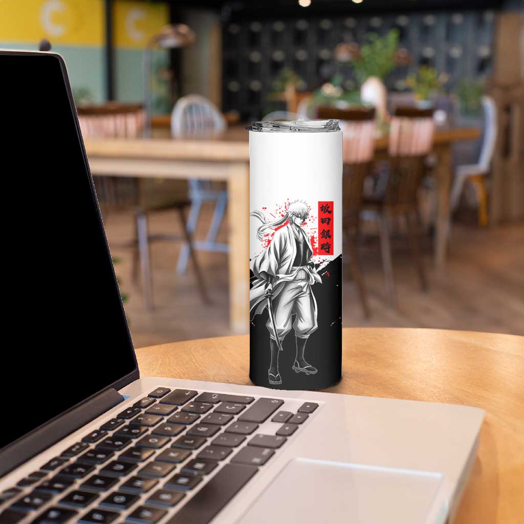 Gintoki Sakata Gintama Samurai Design Skinny Tumbler with Katana, Red Kanji Calligraphy and Oni Mask Graphic - The Mazicc