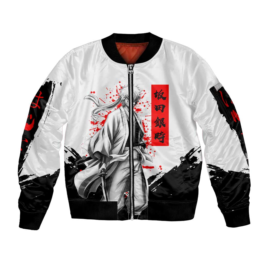 Gintoki Sakata Gintama Samurai Design Sleeve Zip Bomber Jacket with Katana, Red Kanji Calligraphy and Oni Mask Graphic - The Mazicc