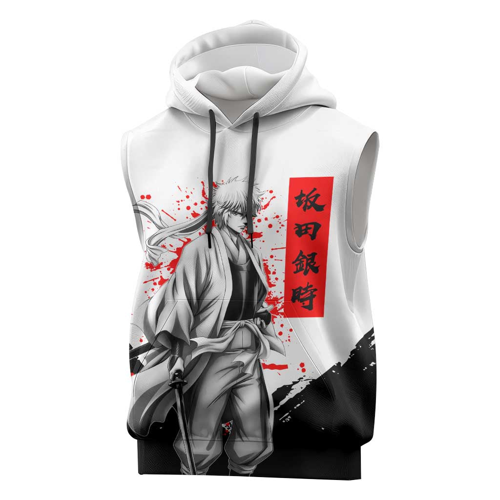 Gintoki Sakata Gintama Samurai Design Sleeveless Hoodie with Katana, Red Kanji Calligraphy and Oni Mask Graphic - The Mazicc