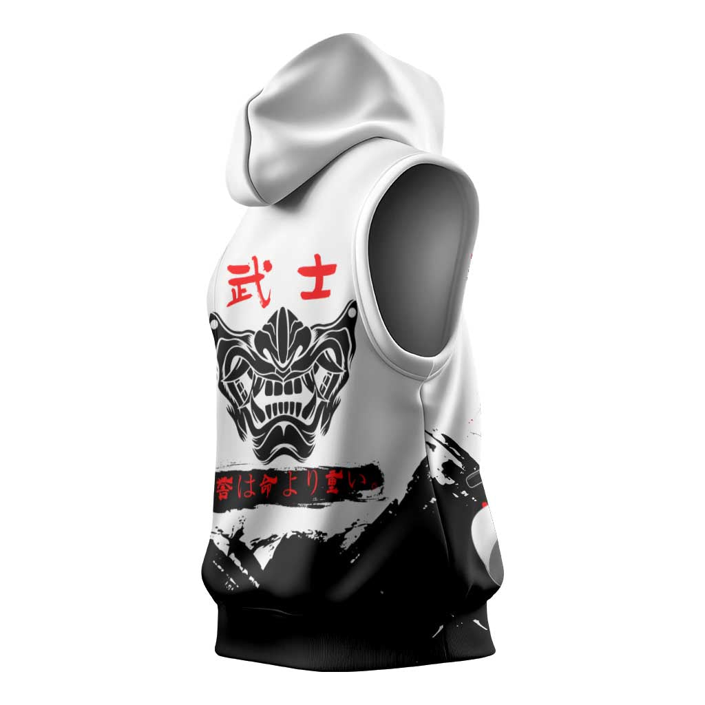 Gintoki Sakata Gintama Samurai Design Sleeveless Hoodie with Katana, Red Kanji Calligraphy and Oni Mask Graphic - The Mazicc
