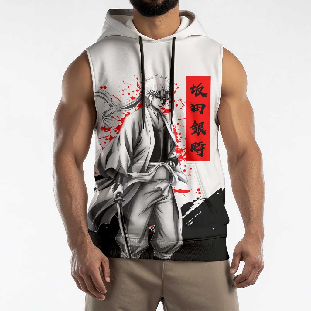 Gintoki Sakata Gintama Samurai Design Sleeveless Hoodie with Katana, Red Kanji Calligraphy and Oni Mask Graphic - The Mazicc