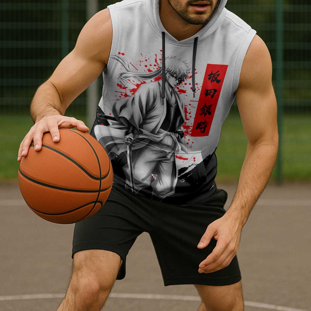 Gintoki Sakata Gintama Samurai Design Sleeveless Hoodie with Katana, Red Kanji Calligraphy and Oni Mask Graphic - The Mazicc