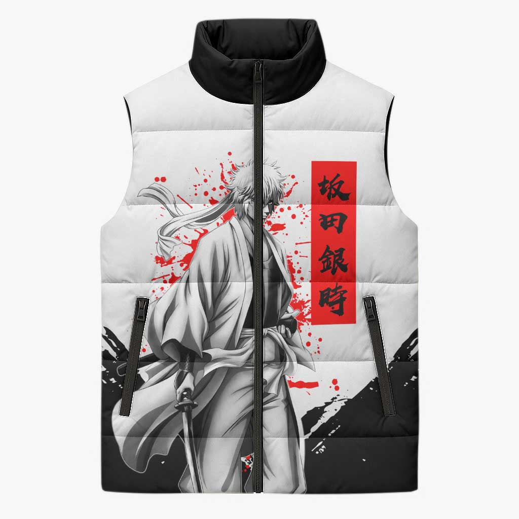 Gintoki Sakata Gintama Samurai Design Sleeveless Puffer Jacket with Katana, Red Kanji Calligraphy and Oni Mask Graphic - The Mazicc