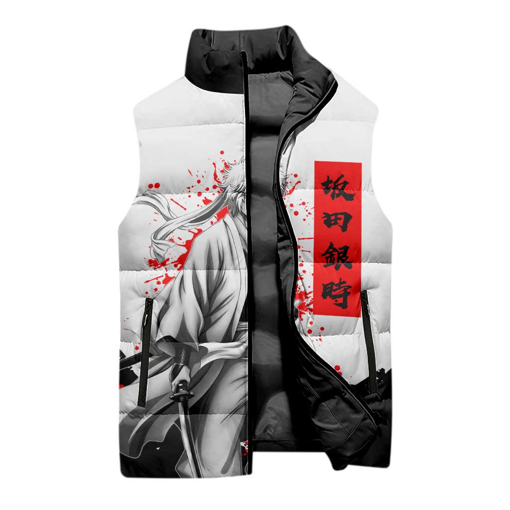 Gintoki Sakata Gintama Samurai Design Sleeveless Puffer Jacket with Katana, Red Kanji Calligraphy and Oni Mask Graphic - The Mazicc