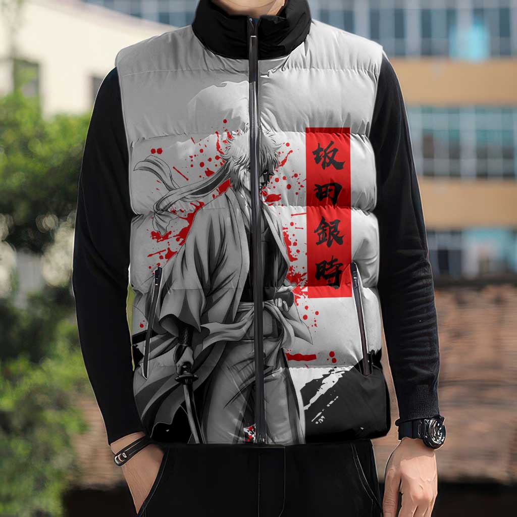 Gintoki Sakata Gintama Samurai Design Sleeveless Puffer Jacket with Katana, Red Kanji Calligraphy and Oni Mask Graphic - The Mazicc