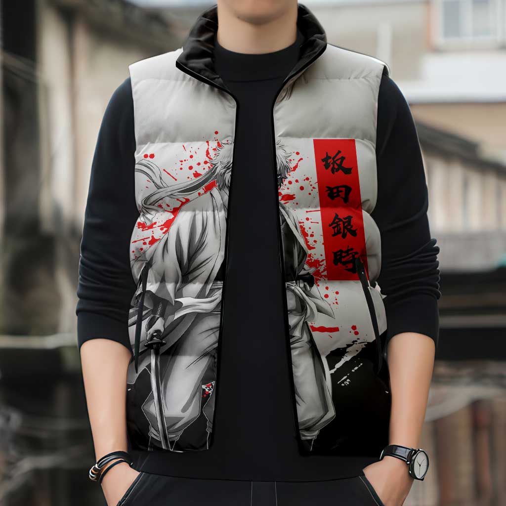 Gintoki Sakata Gintama Samurai Design Sleeveless Puffer Jacket with Katana, Red Kanji Calligraphy and Oni Mask Graphic - The Mazicc