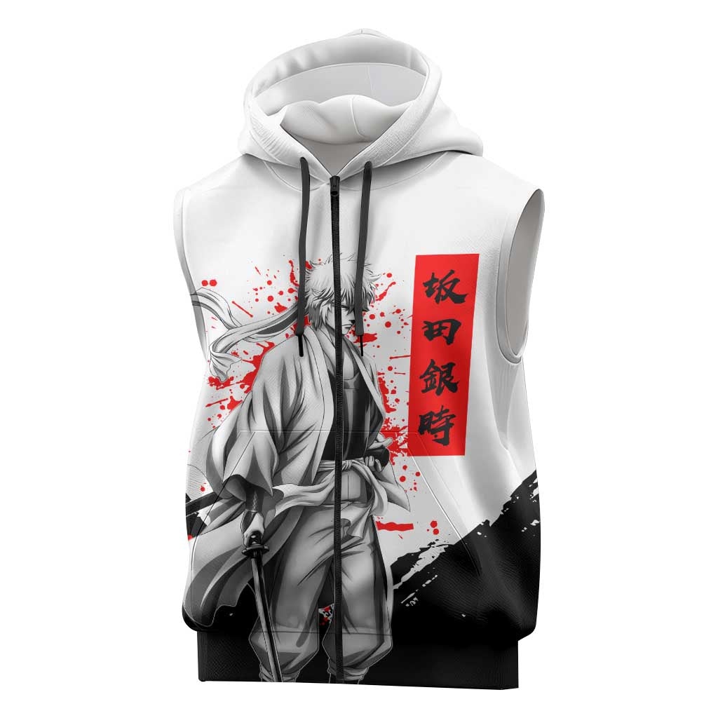 Gintoki Sakata Gintama Samurai Design Sleeveless Zip Hoodie with Katana, Red Kanji Calligraphy and Oni Mask Graphic - The Mazicc