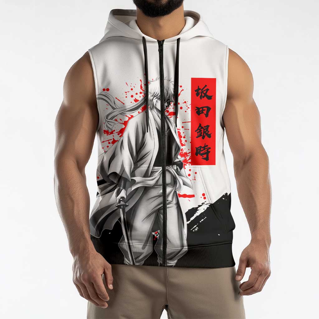 Gintoki Sakata Gintama Samurai Design Sleeveless Zip Hoodie with Katana, Red Kanji Calligraphy and Oni Mask Graphic - The Mazicc