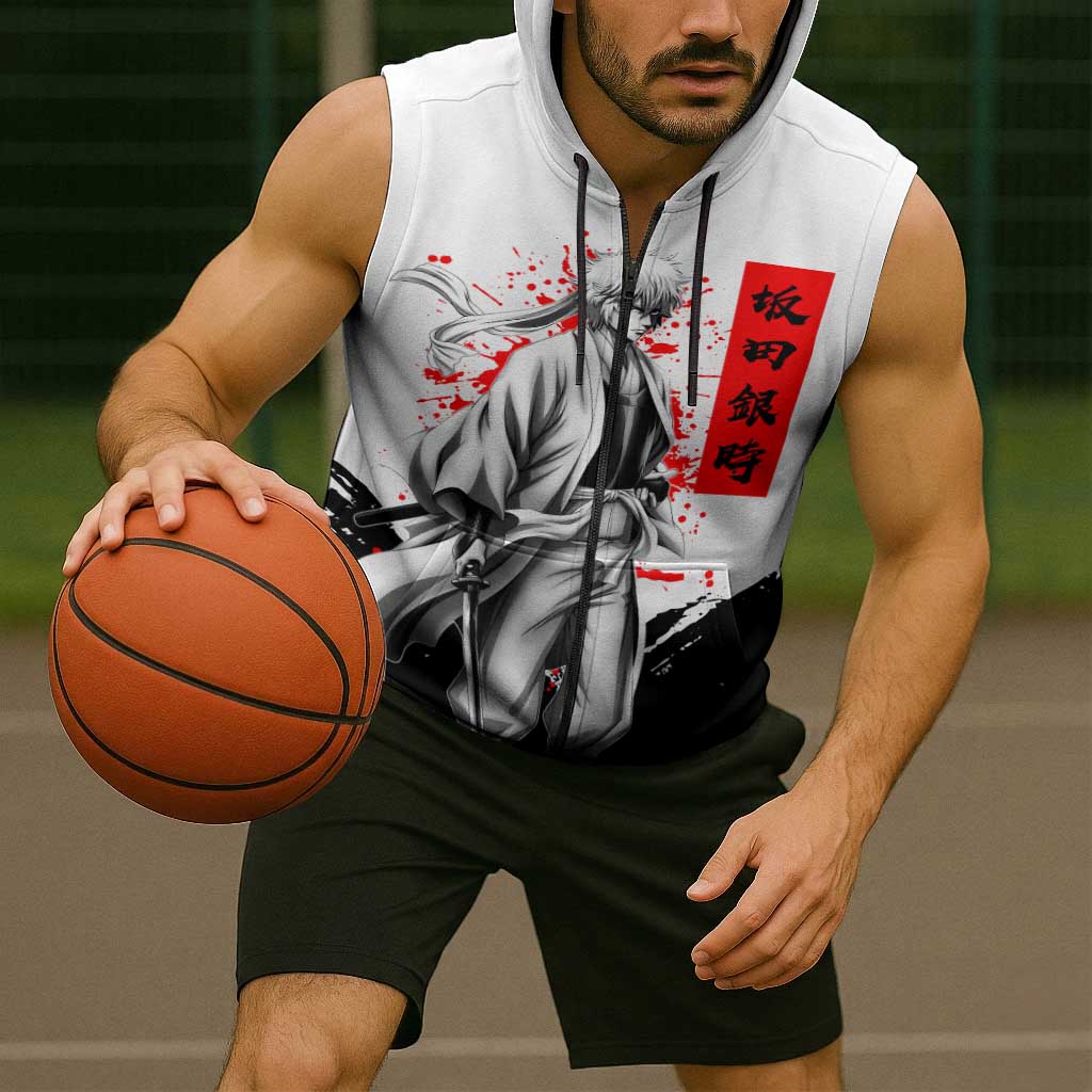 Gintoki Sakata Gintama Samurai Design Sleeveless Zip Hoodie with Katana, Red Kanji Calligraphy and Oni Mask Graphic - The Mazicc