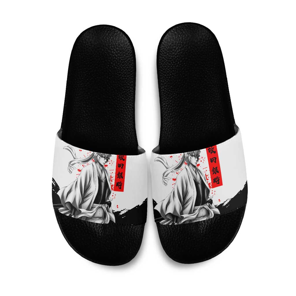 Gintoki Sakata Gintama Samurai Design Slide Sandals with Katana, Red Kanji Calligraphy and Oni Mask Graphic - The Mazicc