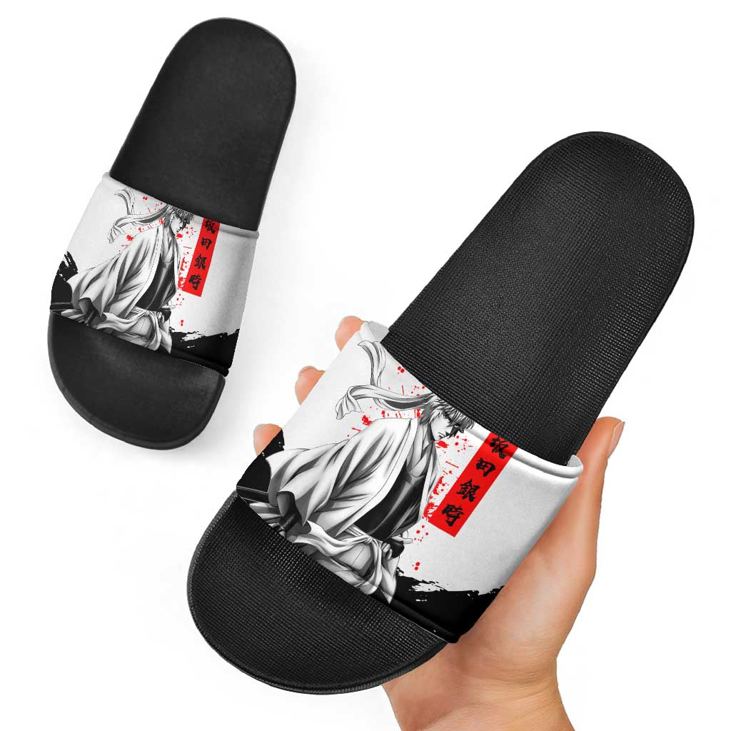 Gintoki Sakata Gintama Samurai Design Slide Sandals with Katana, Red Kanji Calligraphy and Oni Mask Graphic - The Mazicc